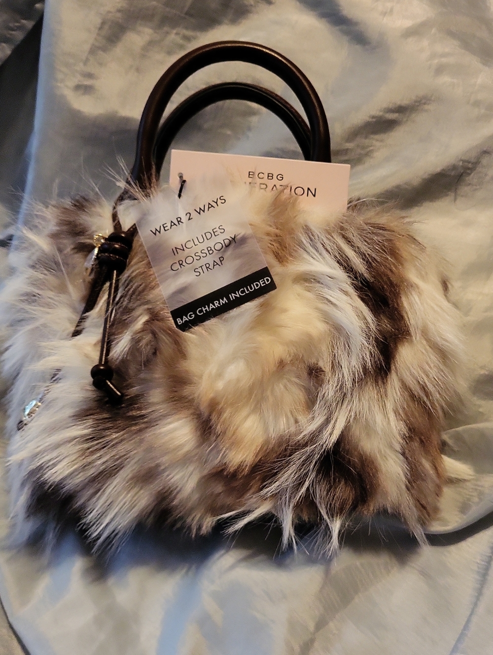 BCBG Generation Faux Fur Top-Handle Bag in Multi-Tone Taupe Crossbody W/ Strap